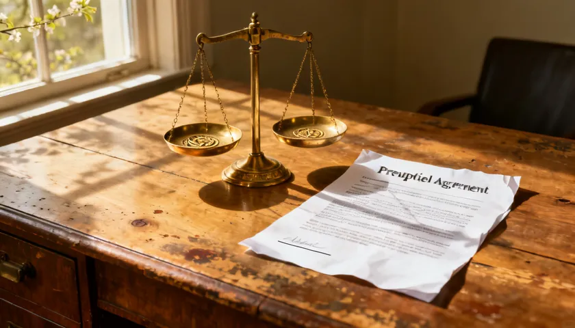 A pair of balanced brass scales rests on a desk beside a prenuptial agreement, symbolizing the core principles of a fair prenup