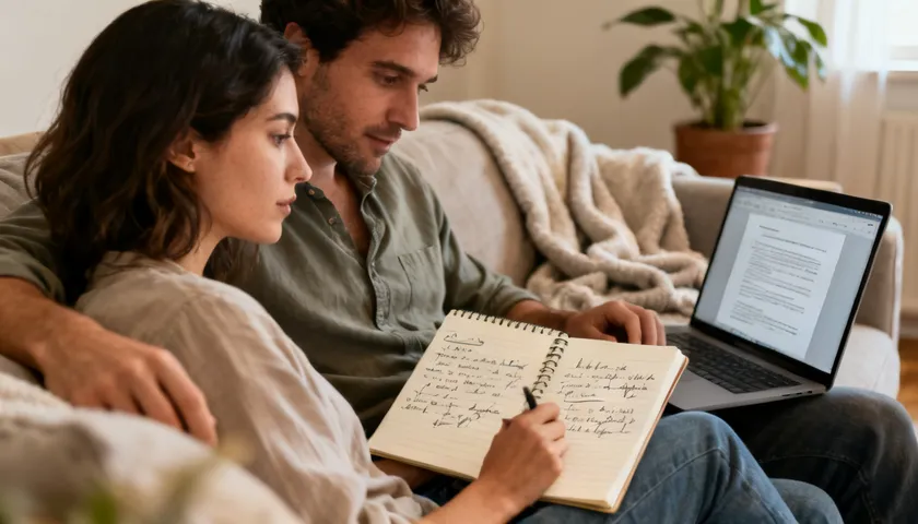 A couple sits together at home with a notebook and laptop, calmly writing out their shared priorities for a fair prenup