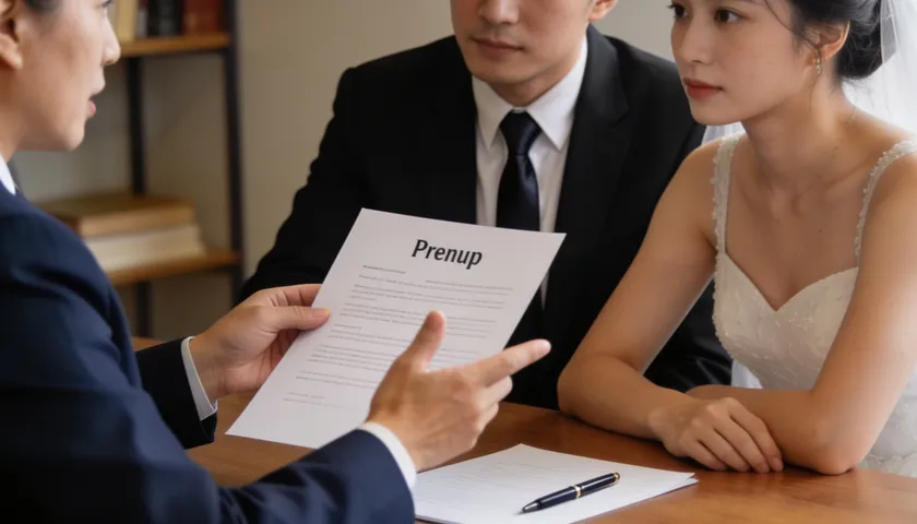 A lawyer hands a couple a printed prenuptial agreement for review before they sign it