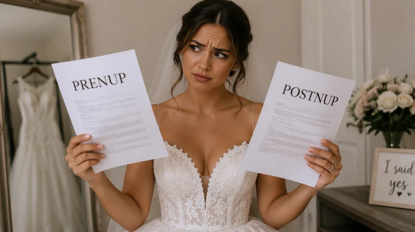 Confused bride holding a prenup and a postnup document, unsure which one still applies after the wedding