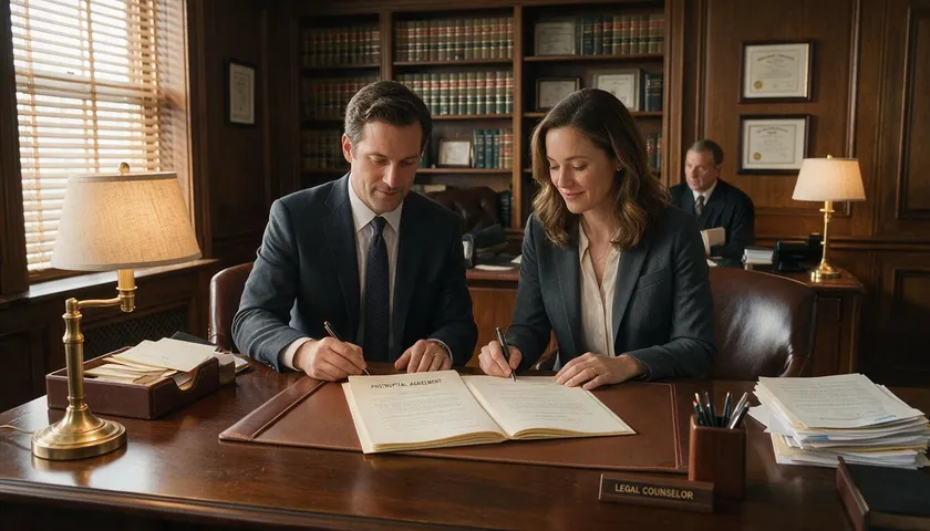 A married couple with visible wedding rings signs an updated postnuptial agreement at their attorney's office