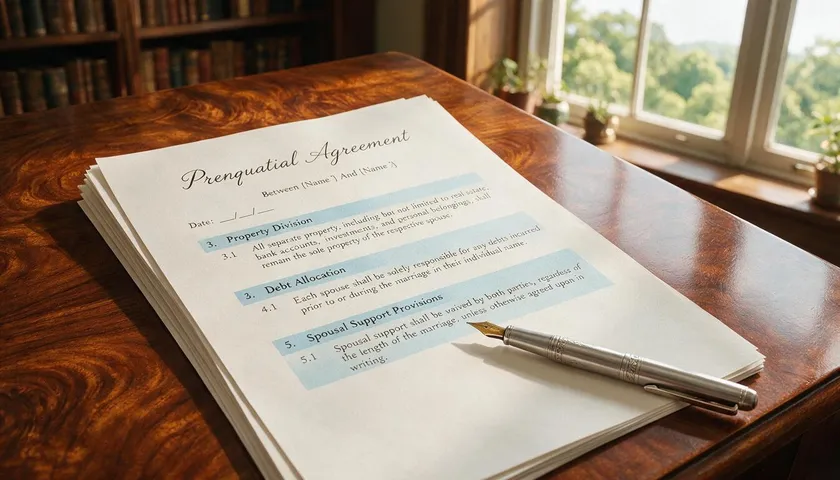 Close-up of a prenuptial agreement highlighting sections on property, debt, and spousal support
