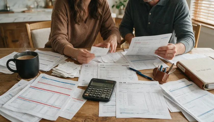 A couple reviews bank statements and financial documents together as part of full financial disclosure for their prenup