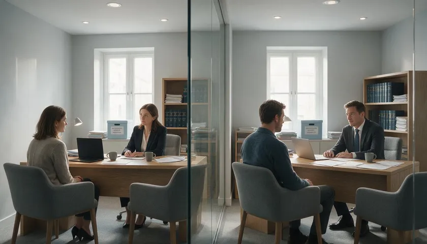 Two separate consultations show each partner meeting individually with their own attorney