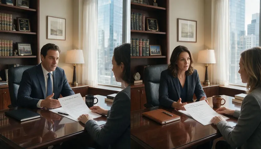 A split scene shows each partner meeting separately with their own attorney for independent legal advice on their prenup