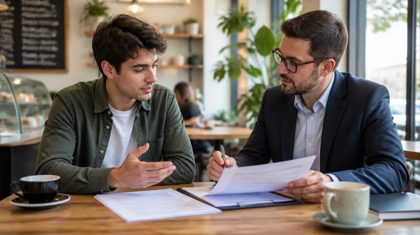 Man consulting a family law attorney over coffee about drafting a postnuptial agreement