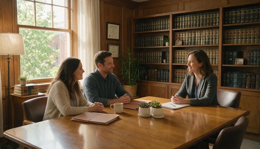 A couple discussing common questions about prenups and postnups with an attorney