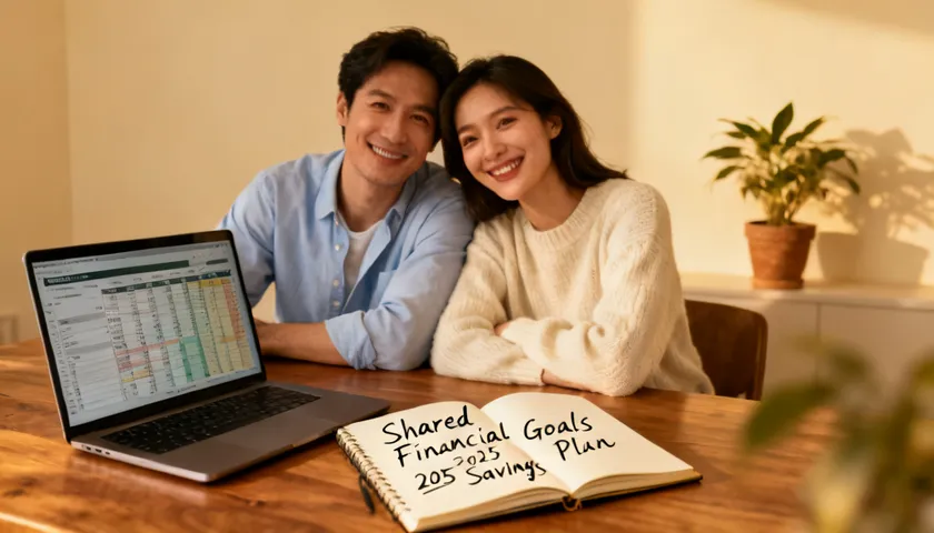 A couple sits together reviewing their shared financial goals as a team