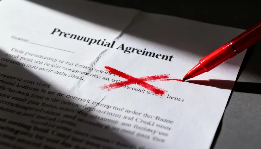Close-up of a prenuptial agreement with a clause crossed out in red pen, representing a court striking down an unfair term
