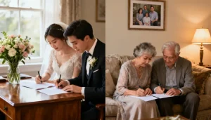 Split comparison showing the difference in timing between a prenuptial and postnuptial agreement