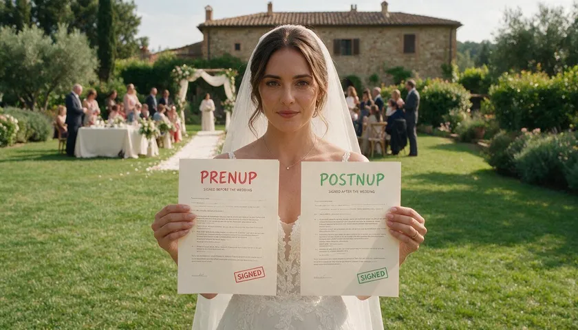 Bride holding two signed agreements side by side, one labeled prenup and the other postnup, at an outdoor wedding.