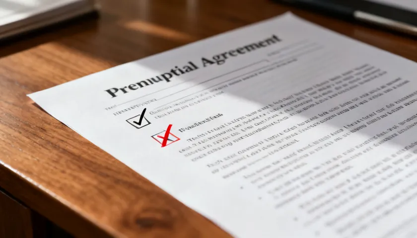 Close-up of a prenuptial agreement with sections marked to show what it can and cannot cover