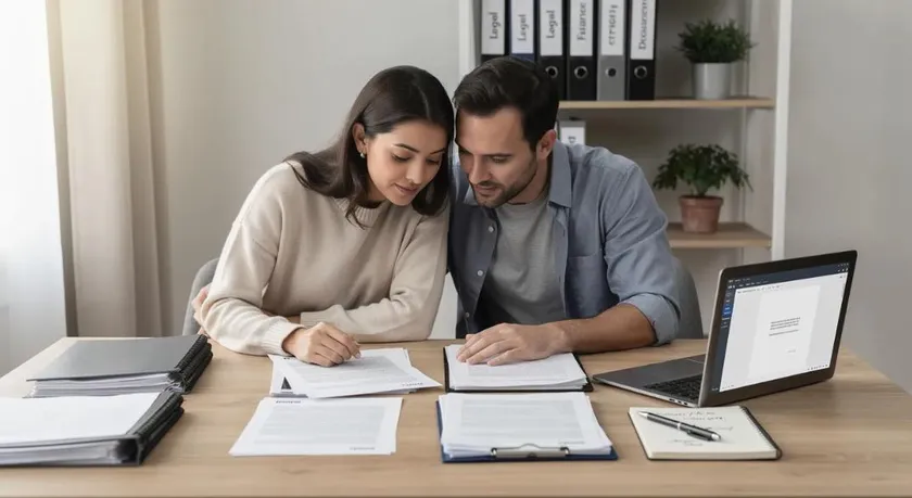 Couple reviewing prenup documents together before their meeting with legal counsel