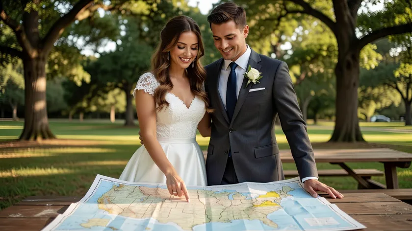 Bride and groom in wedding attire pointing at a map while planning their prenuptial agreement in Virginia
