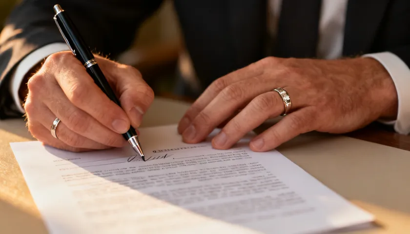Close-up of a couple signing a prenuptial or postnuptial agreement