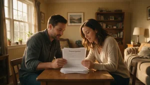 A couple reviews a prenuptial agreement together at home, discussing terms as equal partners