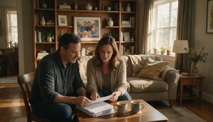 A remarried couple reviews documents at home with a family photo of children from a previous marriage visible behind them
