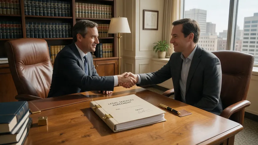 An attorney and a client shaking hands across a desk with a legal document between them.