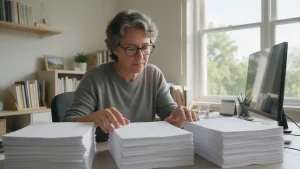 A person reviewing several different types of power of attorney documents stacked on a desk.