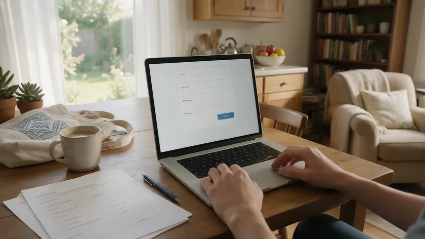 A person filling out a simple power of attorney form on a laptop at a kitchen table.