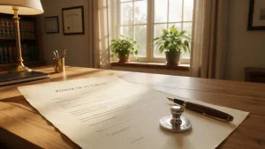 A person reviewing a power of attorney document at a desk, checking whether the power of attorney needs to be notarized before signing.