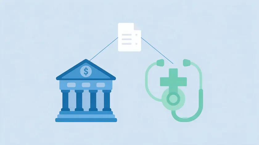 Icons of a bank and a medical cross connected to a single document, representing separate durable financial and health care powers of attorney.