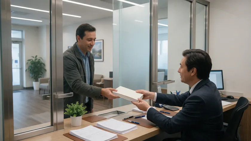 An agent hands a notarized durable power of attorney to a bank officer, who accepts the document at the teller window.