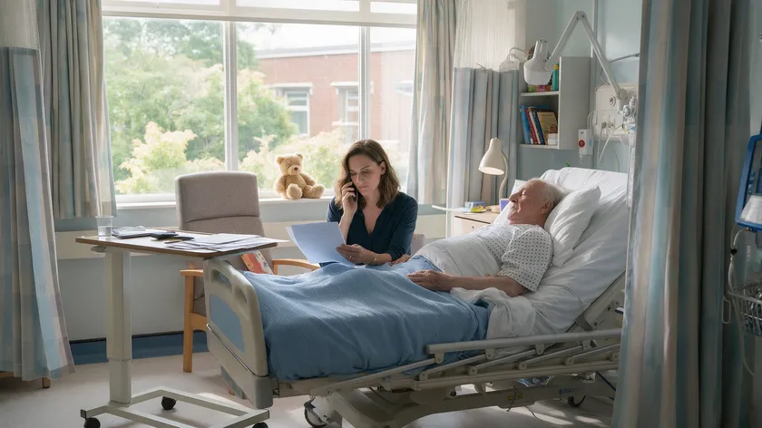An adult daughter reviews financial paperwork at her father's hospital bedside while managing his affairs under a durable power of attorney.