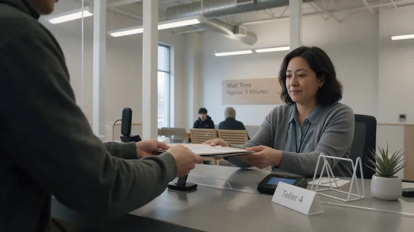 A bank teller receiving a copy of a financial power of attorney document from a customer.