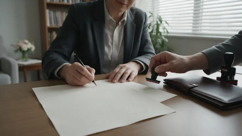 A notary stamping a signed financial power of attorney document during the notarization process.