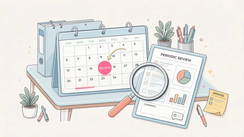 Calendar and checklist illustration representing the periodic review and update of a financial power of attorney.