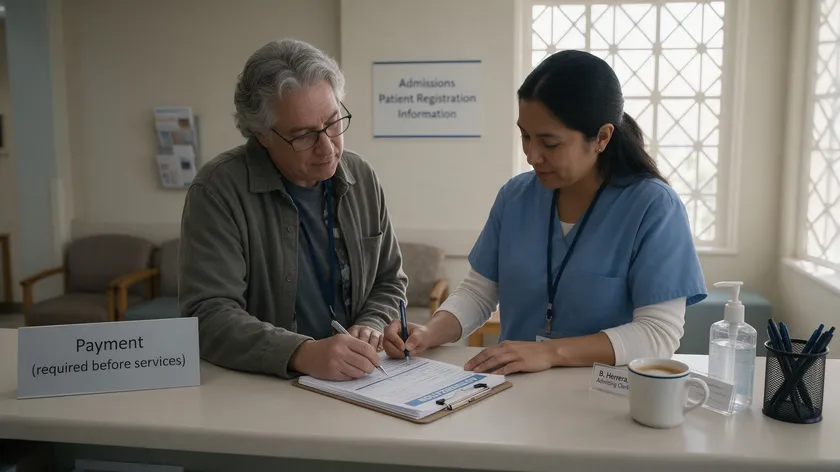 A family member signing a medical authorization form at a hospital admissions desk under a healthcare power of attorney.