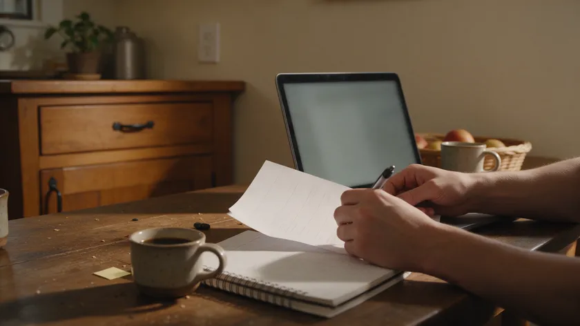 Person filling out a form at a kitchen table, part of the process of how to get medical power of attorney.