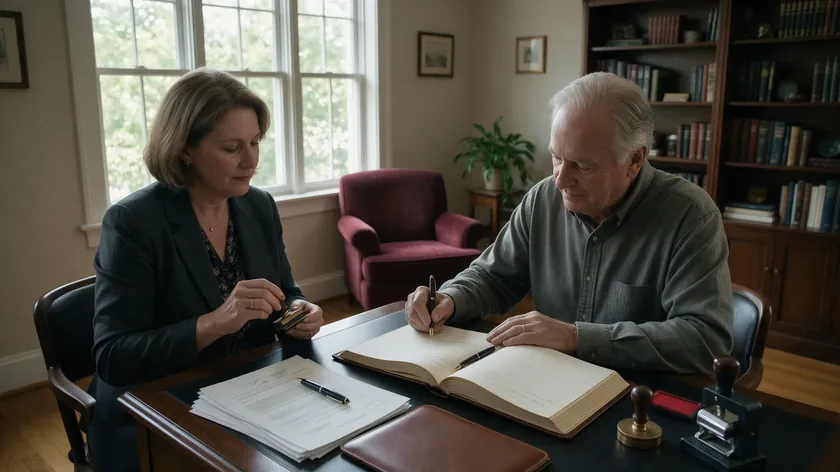 An older adult signing a power of attorney document while a notary public prepares an official stamp.