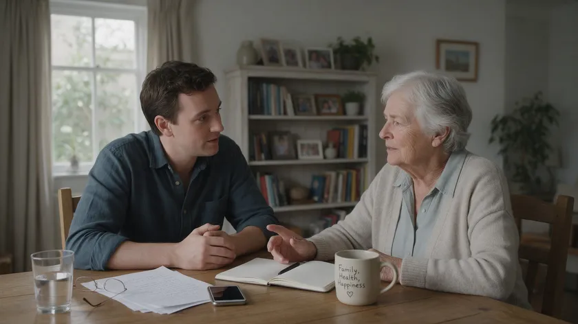 Adult child and older parent having a conversation at home about medical power of attorney wishes.