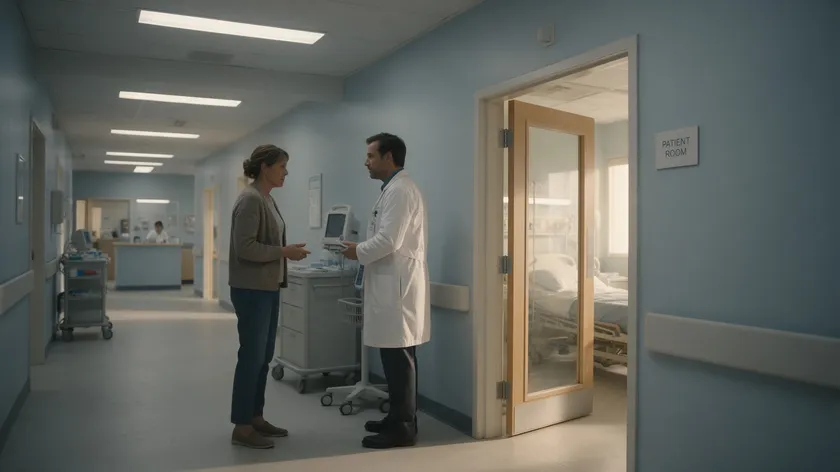 Family member speaking with a doctor in a hospital corridor about a patient's medical power of attorney.