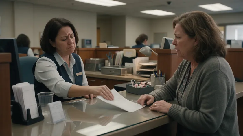A bank teller declines to honor an expired non-durable power of attorney, sliding the document back across the counter.