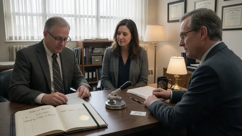 A notary public checking a government-issued ID against a signed document while two witnesses look on.