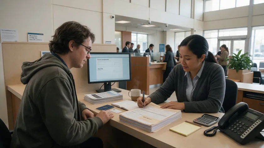 A person signing routine paperwork with a bank representative under the authority of a power of attorney.