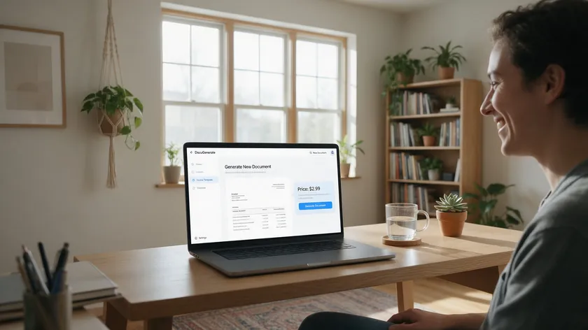 A person smiling while looking at a laptop screen showing Documentify's online document-generation interface.