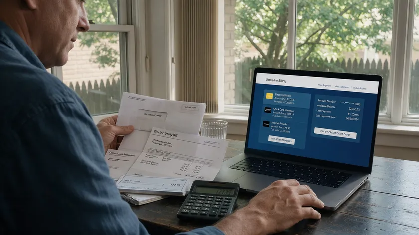 A financial power of attorney agent reviewing bills and paying accounts online at a home office desk.