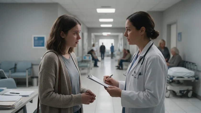 A health care power of attorney agent speaking with a doctor in a hospital hallway on the principal's behalf.