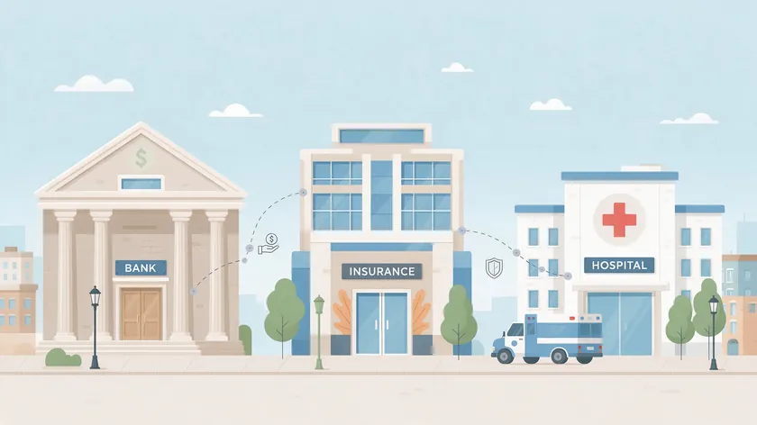 Illustration of a bank, an insurance office, and a hospital, representing institutions with their own power of attorney policies.