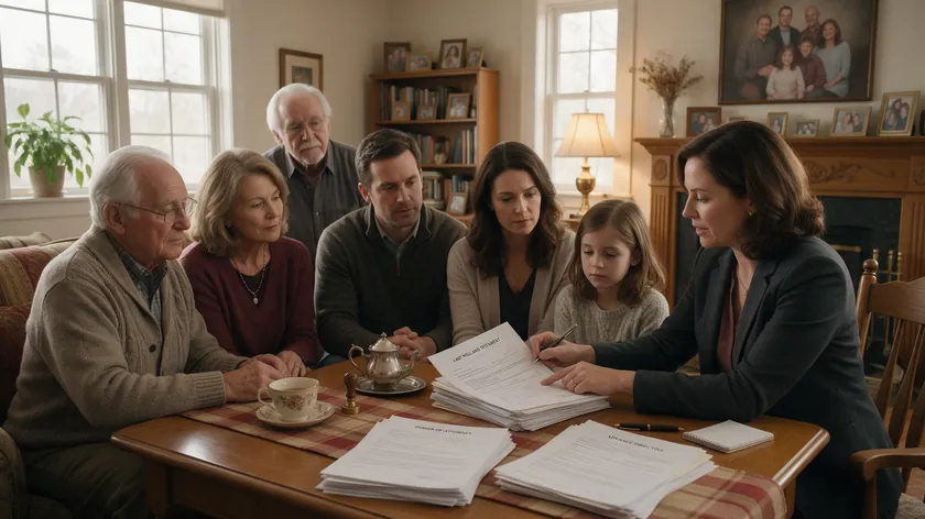 A multi-generational family sitting together at a table with an attorney reviewing power of attorney documents.