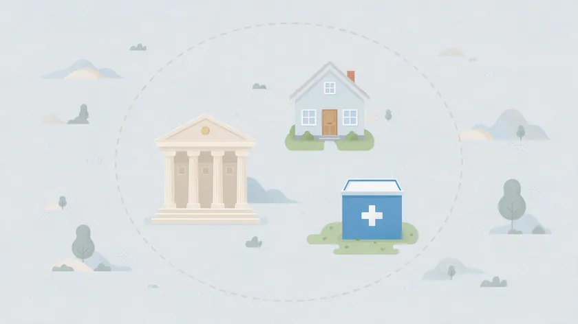 Illustration of a dashed boundary enclosing a bank, a house, and a medical cross, representing limited and defined agent authority.