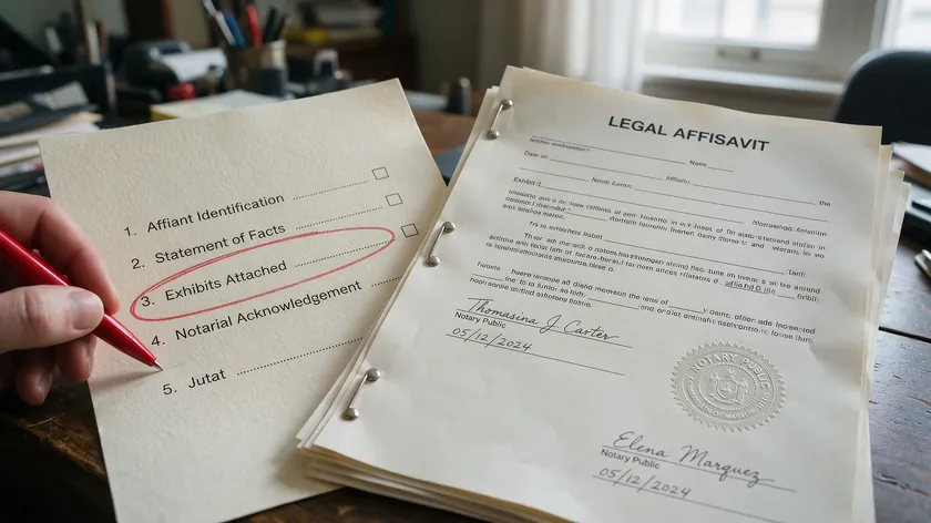 A close-up of a hand reviewing a signing checklist next to a legal document to avoid notarization mistakes.