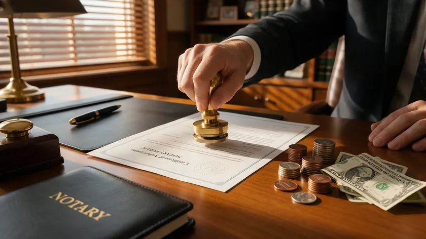 A notary stamping a document next to small stacks of coins, representing notary fees added to power of attorney cost.