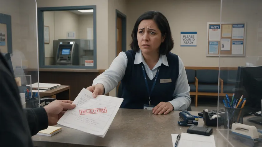 A bank teller handing back a rejected, non-notarized document to a concerned customer.