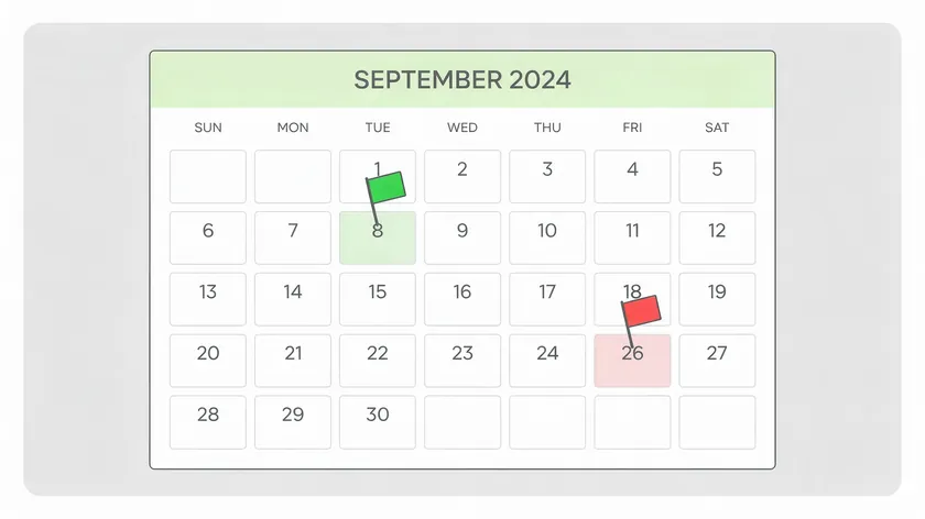 A calendar illustration with a green flag marking a start date and a red flag marking an end date.