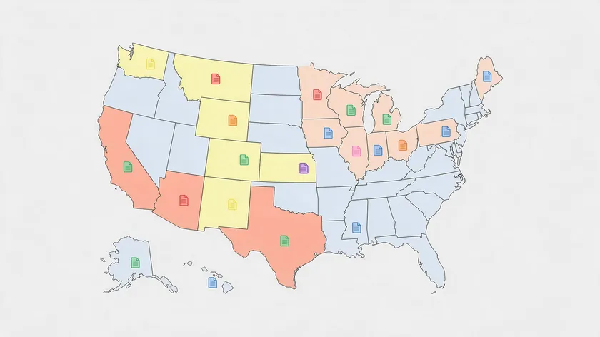 A simplified U.S. map with document icons marking different states, representing how power of attorney durability rules vary by state.